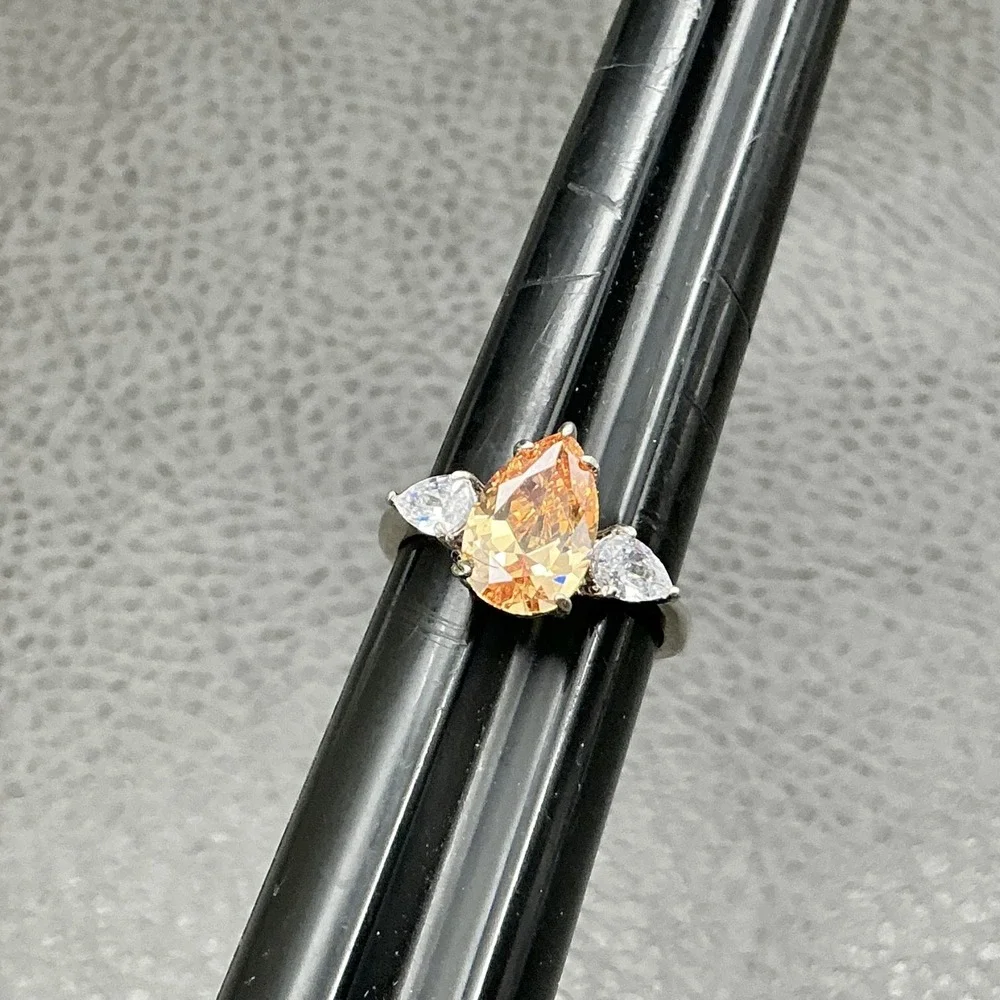 Fragrant Jewels Ring Sz 8.75 Silver Tone Champagne Pear Stone Cocktail Statement
